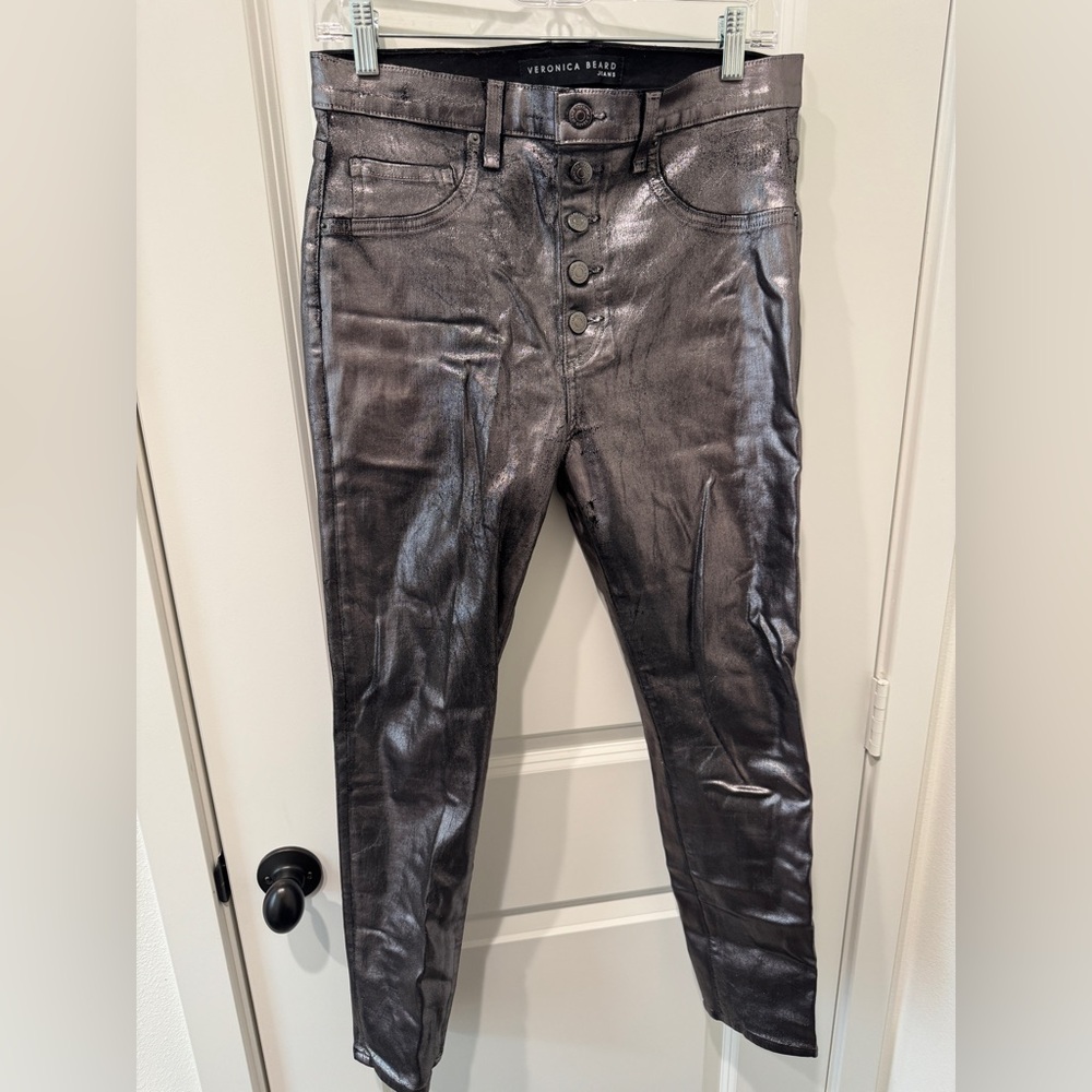 Veronica Beard Metallic Gunmetal Pants - Debbie skinny high-rise